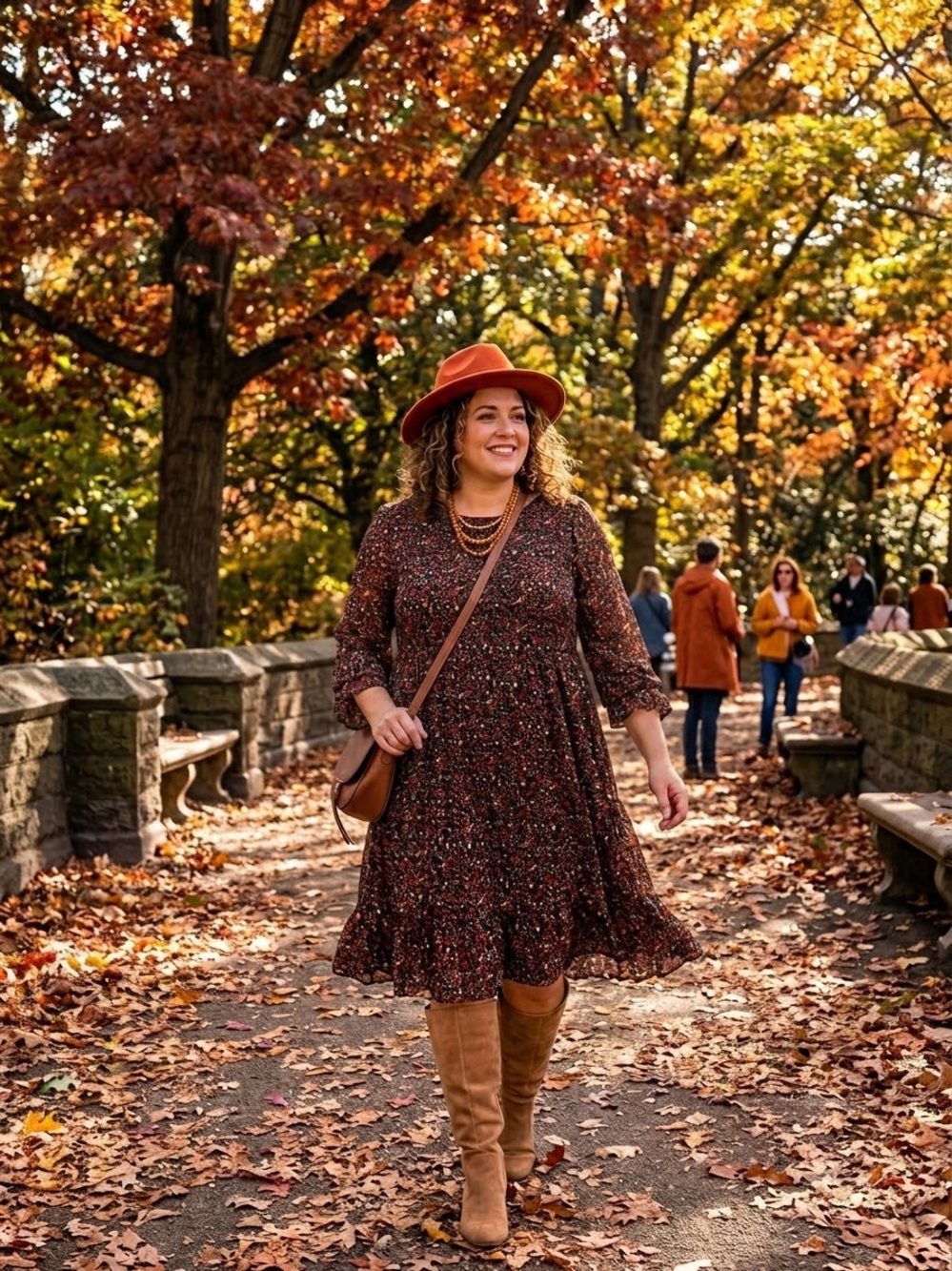 Rust Floral Long-Sleeve Tiered Midi Dress